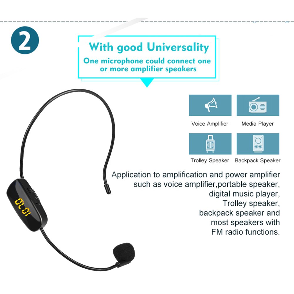 FM Wireless Microphone Power Display Headset Megaphone Radio Microphone Loudspeaker Mic for Teaching Meeting Tour Guide Lecture