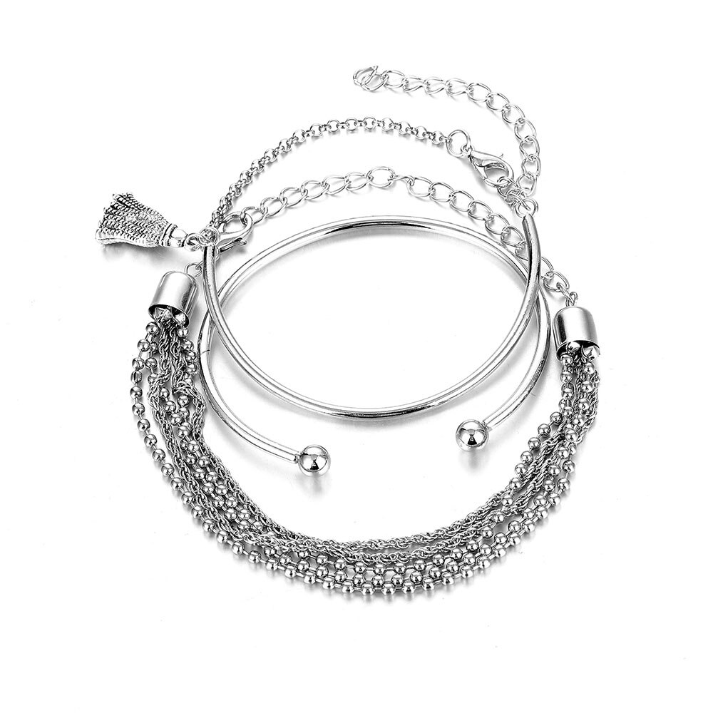 3PCS/Set Silver Color Bracelet Round Bead Chain Bracelet Multi-Layer Tassel Bracelet for Women Chain Bangle Girls Wrist Jewelry