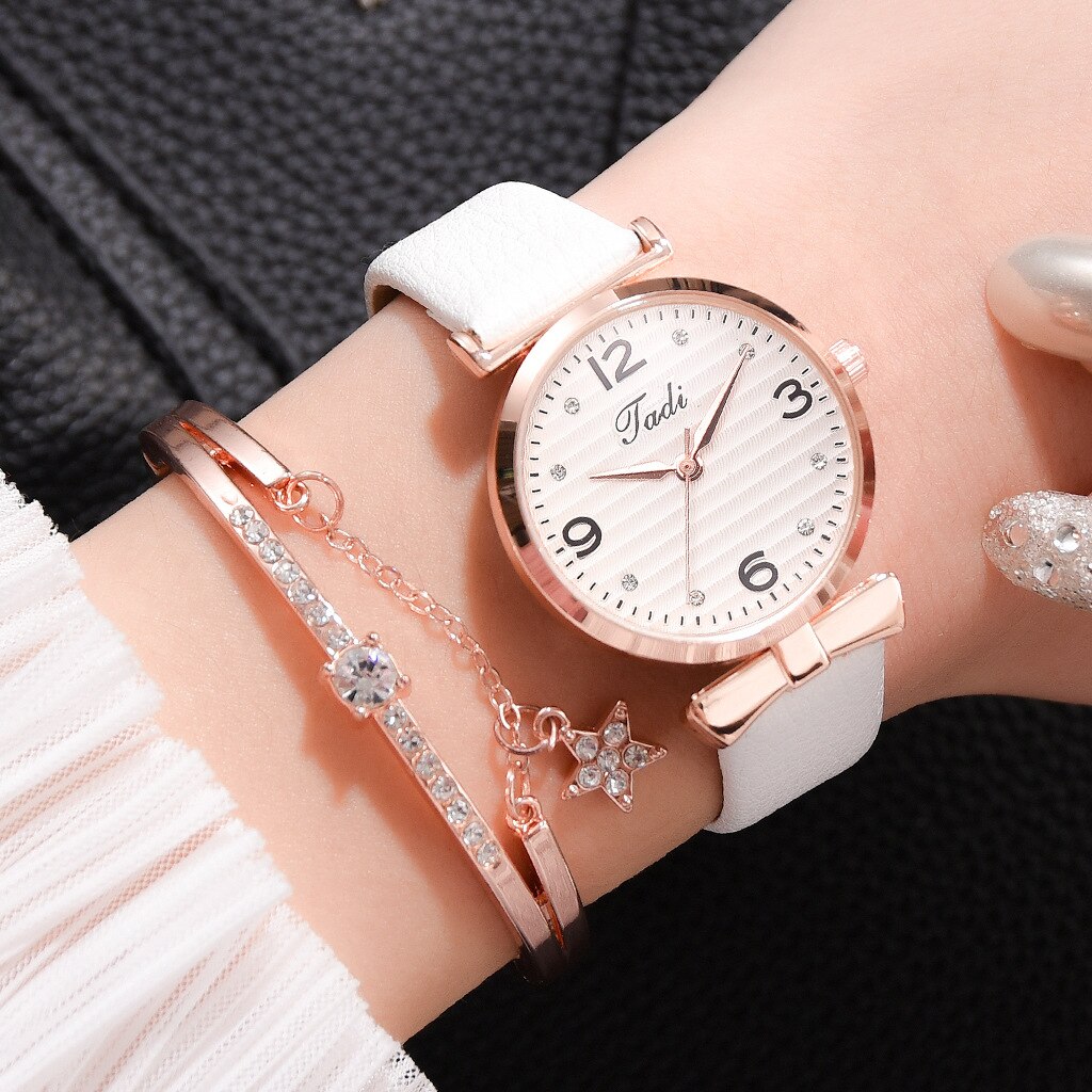 Top Brand Dress Female Watches Simple Rhinestone Woman's Watch Bracelet Set 2PCS Leather Ladies Wristwatch reloj mujer