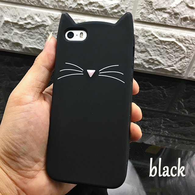 Funda para Iphone 5 5SCute silicona 3D brillo suave TPU gato fundas de teléfono Apple 6 6s 7 8 11 X XR Xs Max Fundas Coque para niña: El plastico / Negro