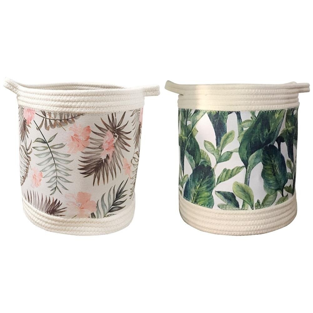 Nordic Green / Grey Leaf Cotton Rope Storage Basket Tropical Flowers Woven Finish Baskets Foldable Sundries Organizer Bucket