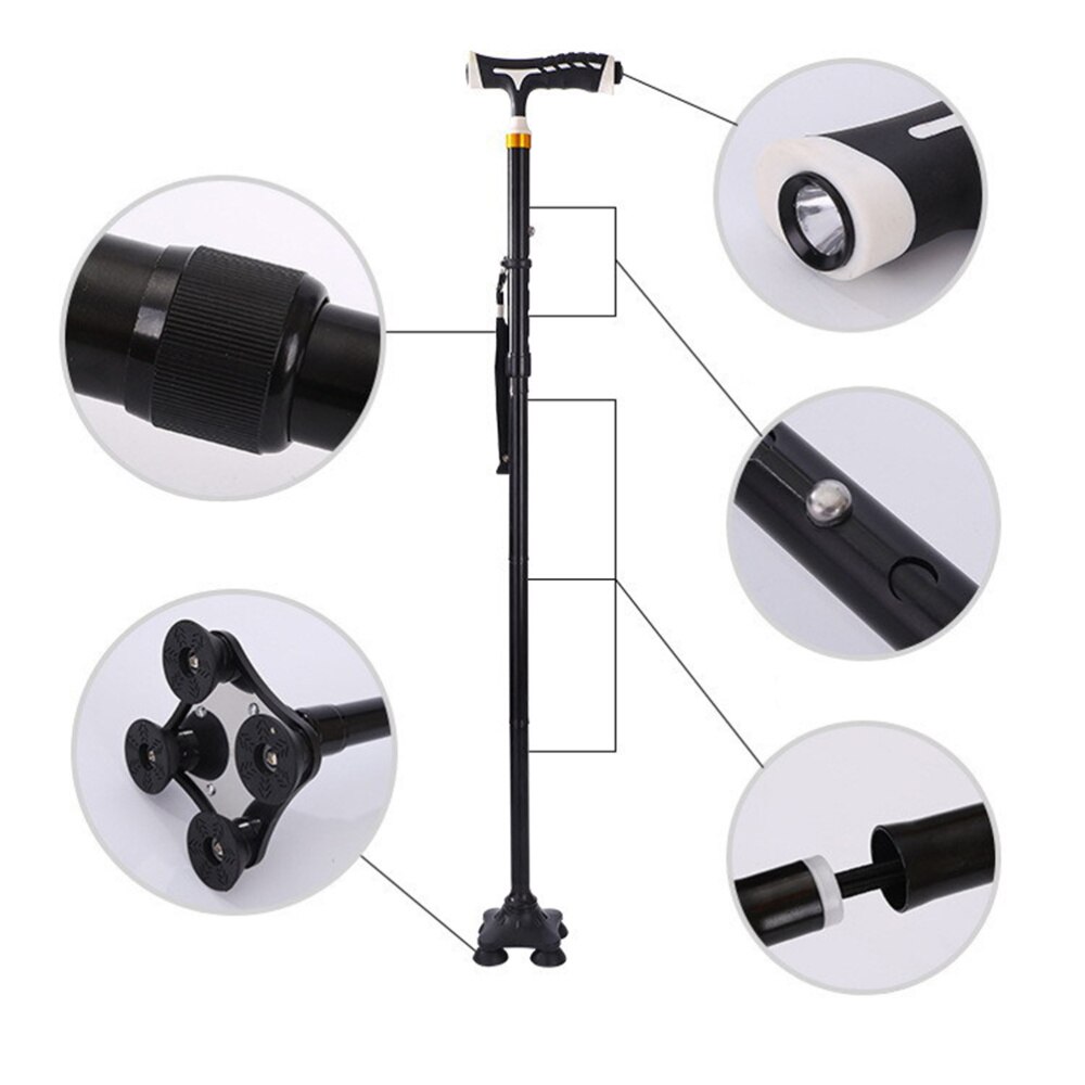 Aluminum Folding Trekking Pole Light Walking Cane Retractable Anti-slip Four-legged Walking Stick Mobility Aid Comfortable Handl