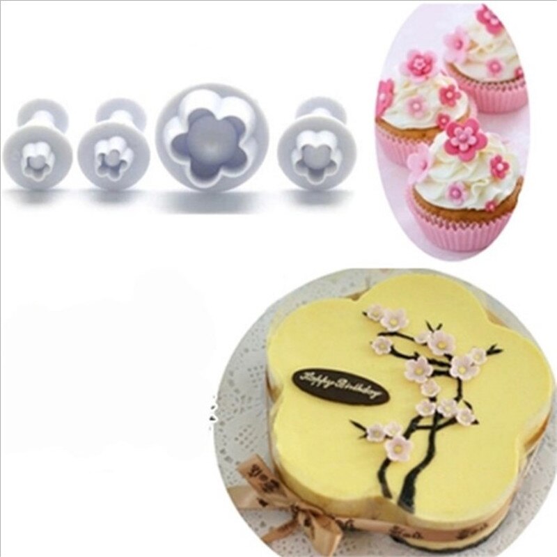 4 stks/set Bloem Plum Plunger Fondant Mold Cutter Sugarcraft Cake gereedschappen Decoreren Kerst Taart Decoreren Gereedschappen Bakvorm