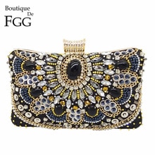 Boutique De FGG Vintage Frauen Schwarz Perlen Abend Kupplung Taschen Damen Box Metall Kupplungen Hochzeit Cocktail Party Handtaschen Geldbörsen