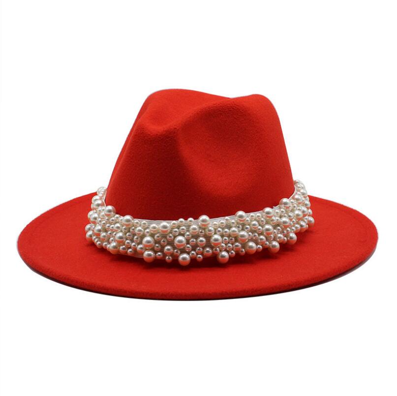 femmes hommes feutre Fedora chapeaux décontracté hommes femmes Imitation perle ruban bord Trilby formel casquette de fête: WYH-4907-8