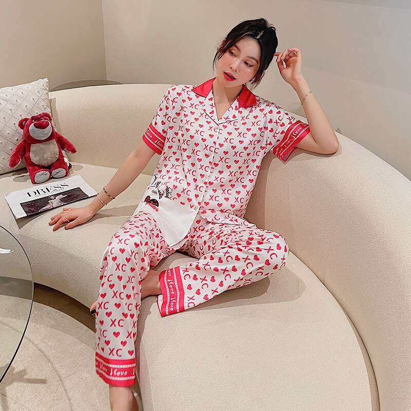 Pijama de manga corta para mujer, conjunto de camisón de seda de hielo, ropa fina para el hogar, ropa de dormir holgada de satén