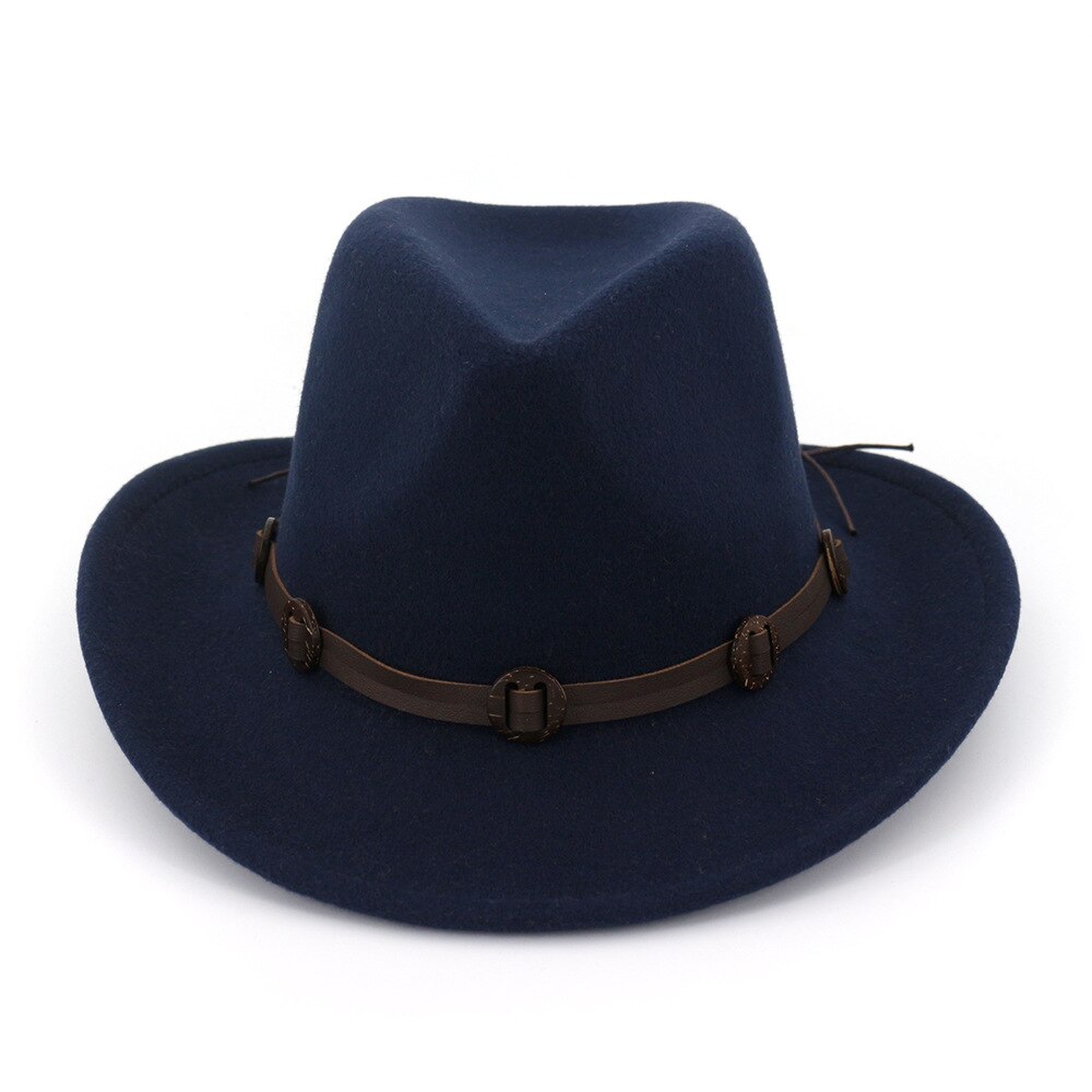 6 farver jazz fedora solhat mænd kvinder filt hatte bånd band western cowboy hat sort trilby bowler hat til unisex  ae0001: Marine blå