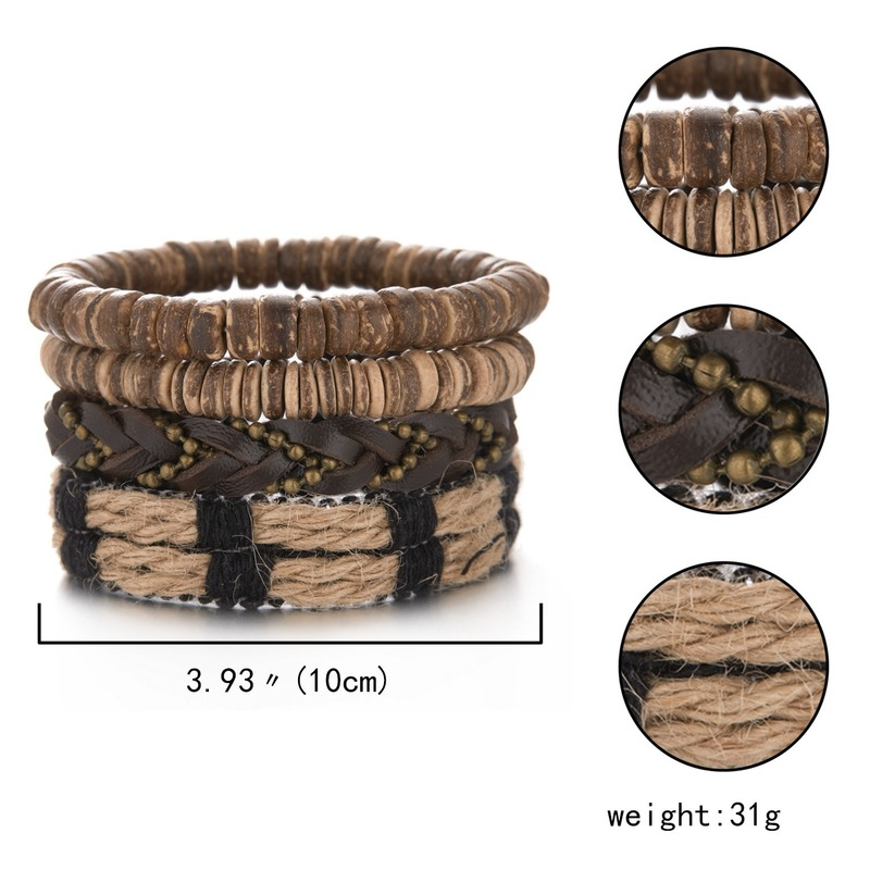 4 pezzi combinazione bracciale da uomo Set corda marrone perline di legno di cocco bracciali in pelle intrecciata per uomo regalo gioielli Pulsera Hombre