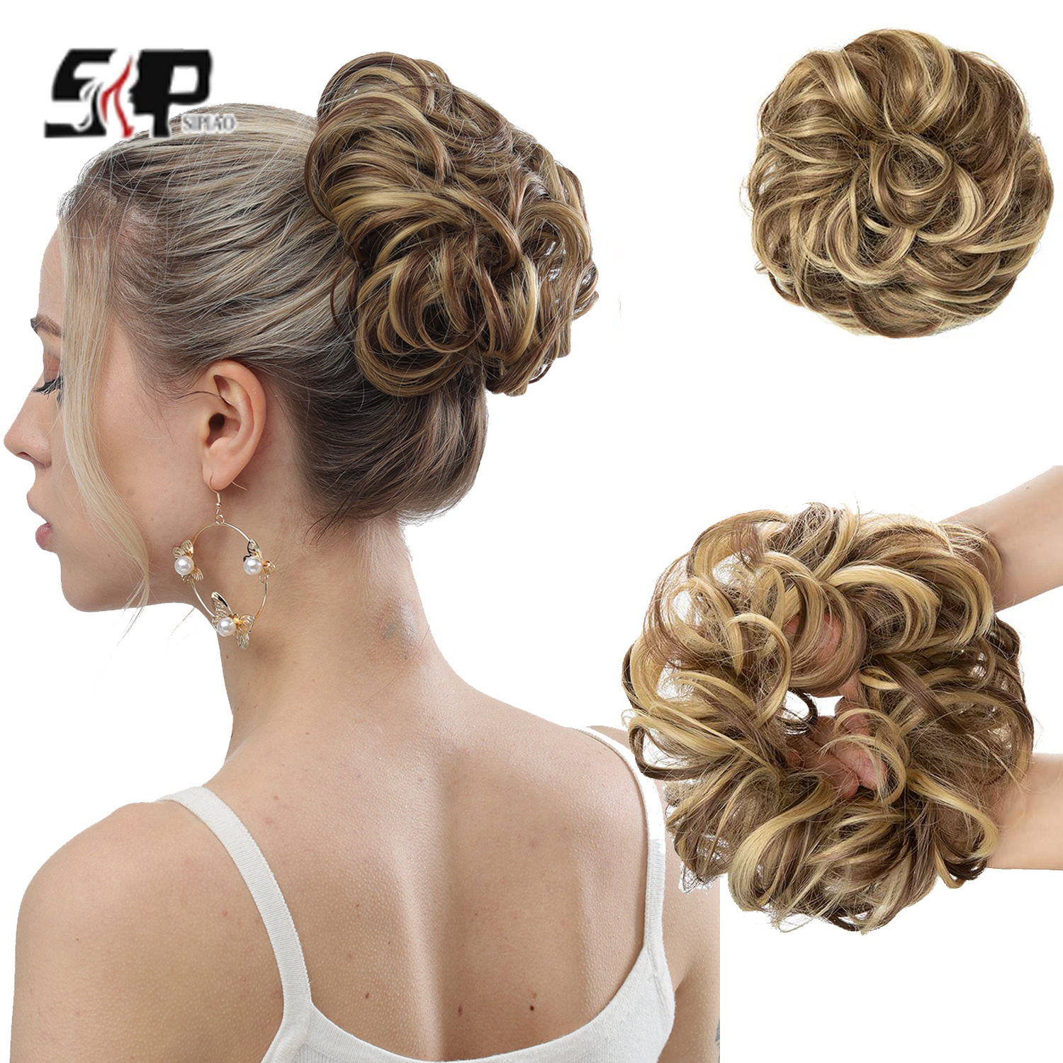 6-Zoll-Kunsthaar-Dutt-Erweiterungen, unordentliche lockige elastische Haargummis, Haarteile, Chignon, Krapfen, Hochsteckfrisur, Haarteile für Frauen: T4/27/30