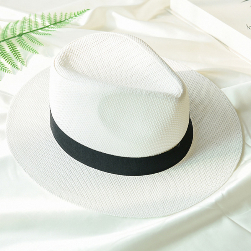 Ht2261 sommer hatte til mænd kvinder halm panama hatte solid almindelig bred kant strand hatte med bånd unisex fedora sol hat: Hvid