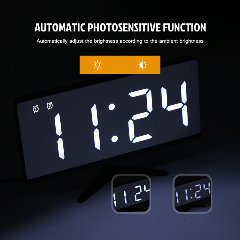 Digital led vekkerklokke speil usb-ladeport multifunksjon stor lcd-skjerm bordklokke med temperatur snooze skrivebordsklokker