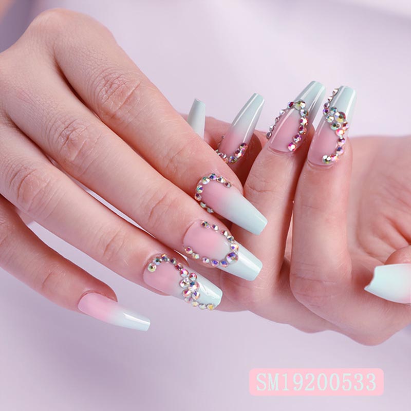 Faux-ongles longs, couleur dégradée, décoration diamant, 24 ongles, décoration de luxe, portables, couverture complète, avec designs, 24 pièces/boîte: style 1
