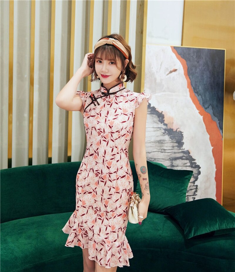 Linda chica cheongsam de gasa corto de cola de pescado de cheongsam falda chica joven slim estilo chino de diario boda Qipao