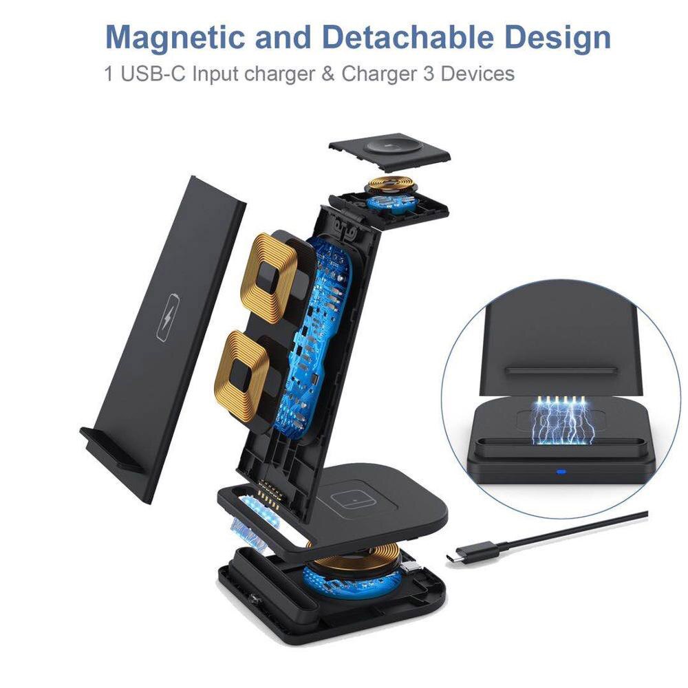 FDGAO Qi 15W Fast Charge 3 In 1 Wireless Charger Station Dock Stand For iPhone 11 XS XR X 8 Apple Watch SE 6 5 4 3 Airpods Pro