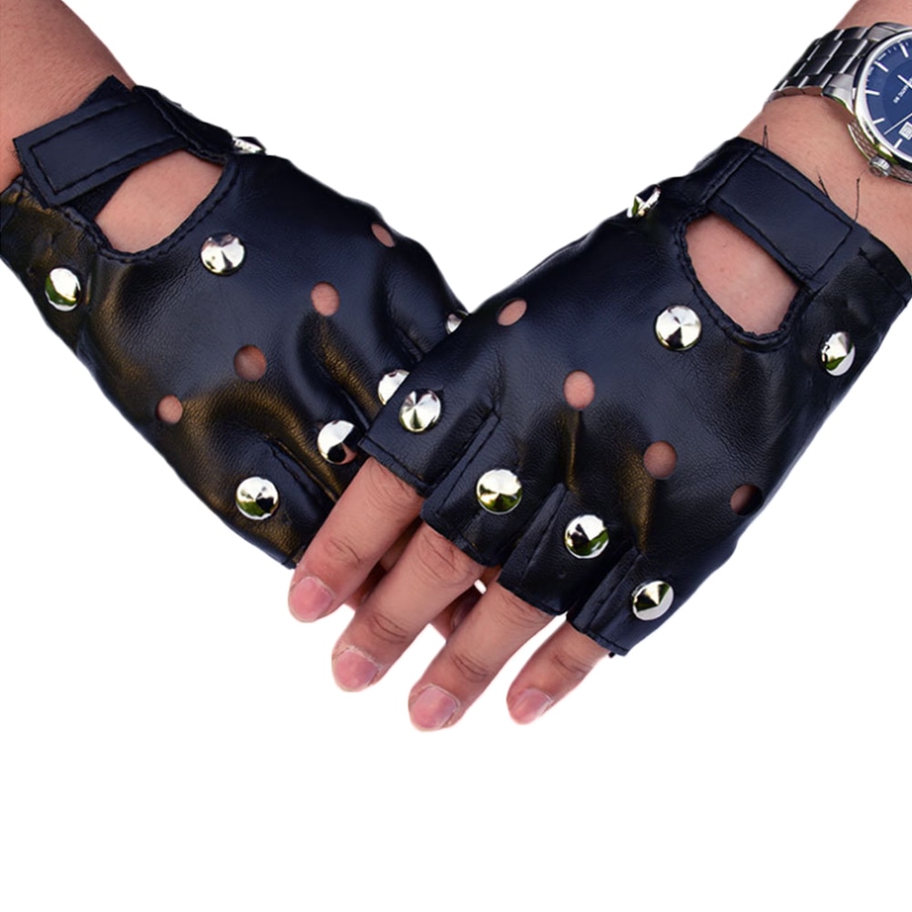 1 Pair PU leather Fingerless Gloves Silver Rivet Half Finger Driving Gloves Punk Leather Gloves