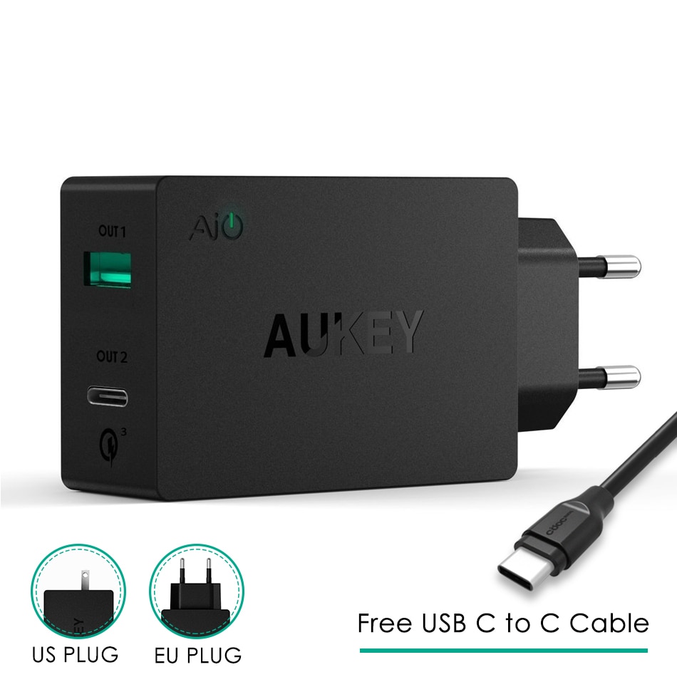 Enchufe europeo Original Aukey, carga rápida, PA-Y2 Amp tipo C con carga rápida 3,0, USB Dual Fsat carga