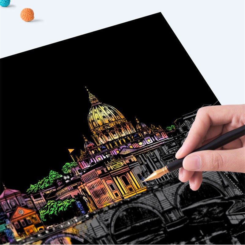 21x29.5 CM 4 Pcs/Set DIY Scraping Painting World Famous Landscape City Building Animals Scratch Painting Drawing Toys