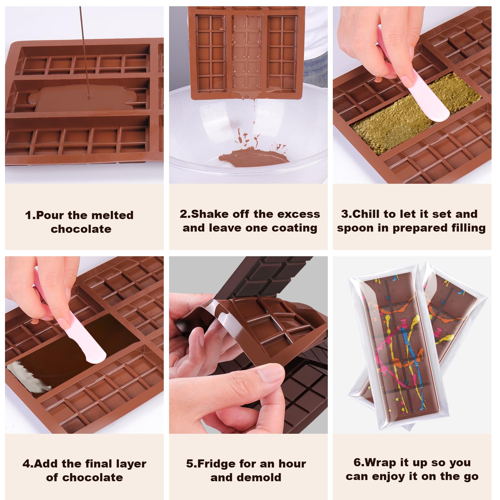 Stampo per tavoletta di cioccolato a 6 fori, stampo per tavoletta di cioccolato spesso riempito in silicone Knafeh Barra di cioccolato al pistacchio (10 bottoni) e sacchetti da 100 pezzi)