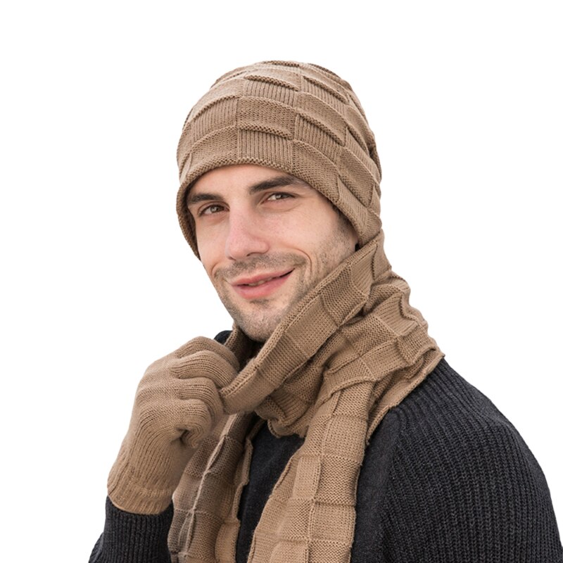 Guanti da uomo a maglia lunga sciarpa cappello impostato 3 pezzi uomo inverno caldo peluche protezione sciarpe e guanti Touchscreen: cachi