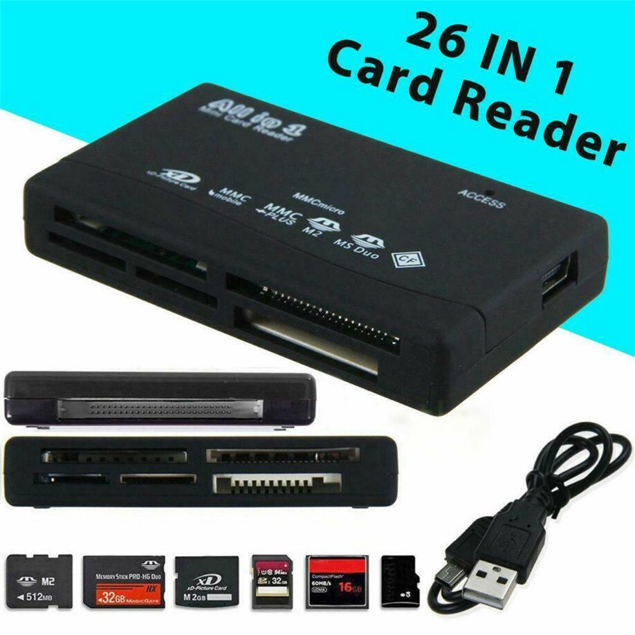 Lector de tarjetas de memoria externo todo en 1, adaptador de alta velocidad, tipo caja de cifrado para PC, portátil y mesa, 26 en 1, USB 2,0