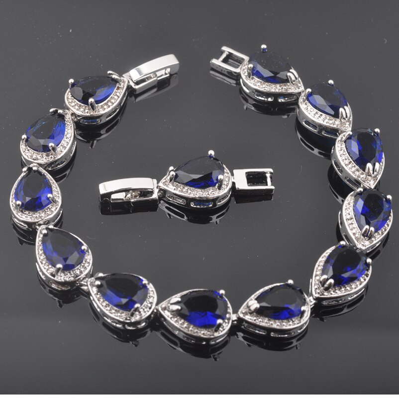 Blauwe Stenen Water Zilveren Kleur Sieraden Sets Armband Voor Vrouwen Bruiloft Ketting Hanger Oorbellen Ring QS0355