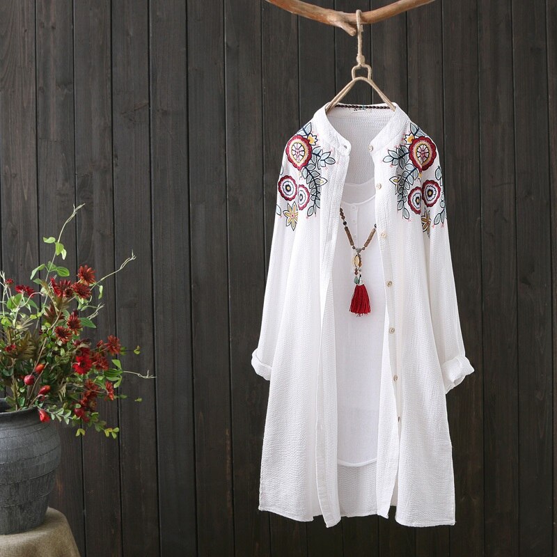 Camisas de estilo chino para mujer, Tops y blusa de talla grande , blusa bordada de manga larga Vintage para mujer, Top abotonada informal de oficina 11128