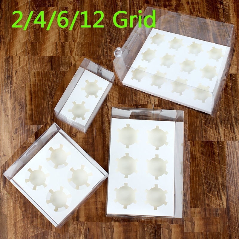 Scatola per Cupcake - 10 Set - Coperchio Trasparente - 2/4/6/12 Griglie - Contenitore in Plastica per Mini Muffin e Biscotti