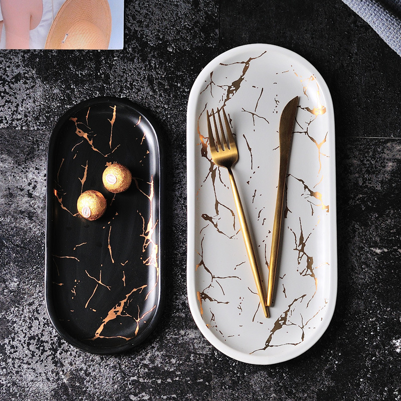 Nordic Style Ceramic Marbled Black Gold Oval Rectangular Plate Simple Beautiful Western Dinner Plate Kitchen Sushi Snack Trays