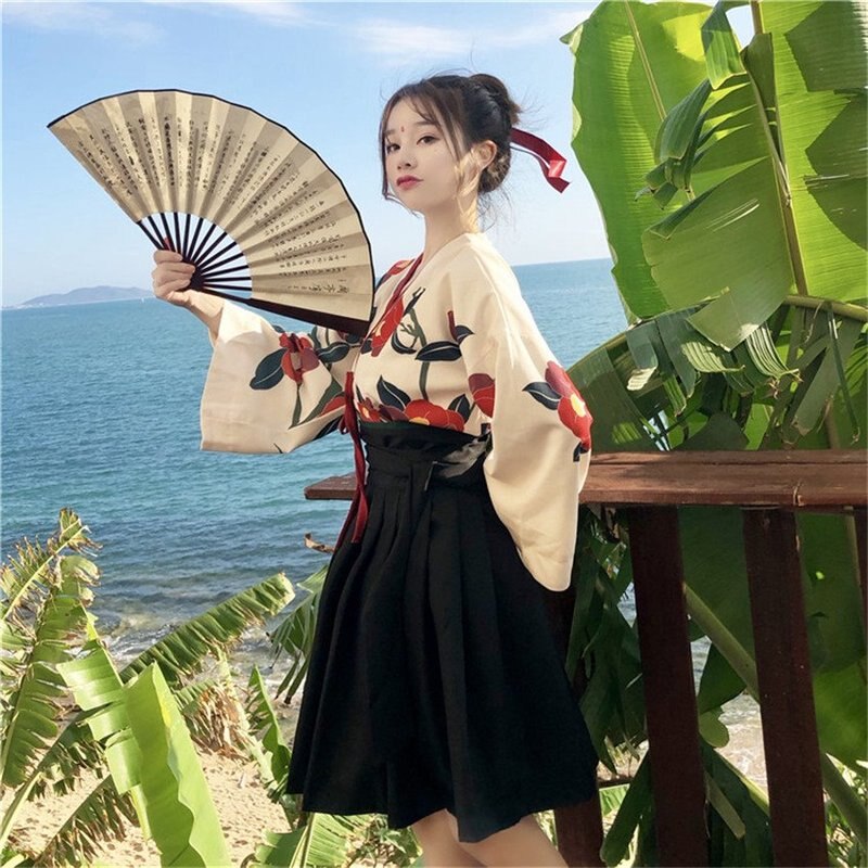 Japanese Style Woman Kimono Summer Floral Haori Girls 2pcs Top and Skirt Outfits Full Sleeve Japanese Dress for Women