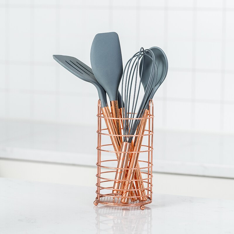 Silicone Cooking Utensils Set Non-stick Spatula Shovel Stainless Steel Handle Cookware Tools Set With Storage Box Kitchen Tools: GRAY