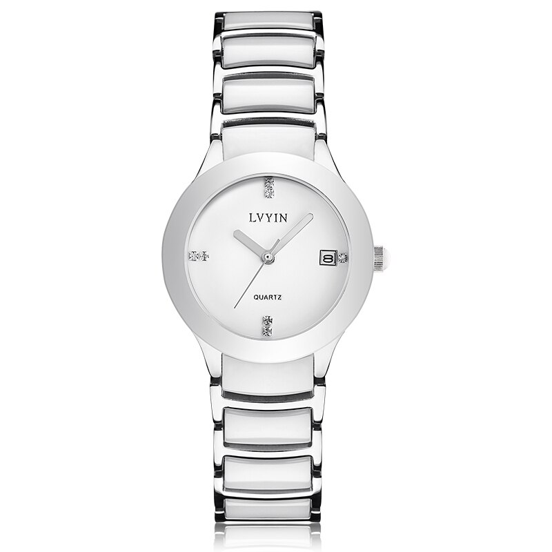 Lvyin Vrouwen Rvs Quartz Horloge Met Keramische Band, Witte Jurk Horloge Eenvoud