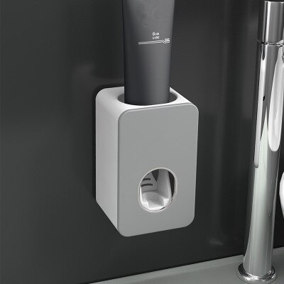 Automatic Toothpaste Dispenser Toothbrush Holder Wall Mounted Toothpaste Lazy Dispenser Bathroom Accessories Set: Dark Gray