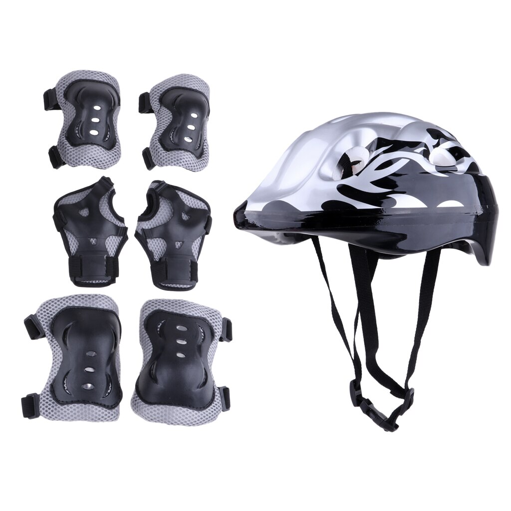 7 Pcs Child Cycling Inline Roller Skating Protective Gear Set - 58-62cm Safety Helmet + Knee &amp; Elbow Pads + Wrist Guards: grey 58-62cm