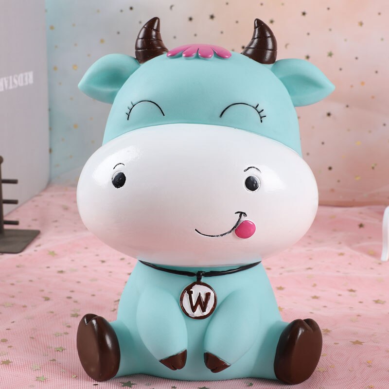 Lovely cartoon cow piggy bank -proof children can save Year of the Ox piggy bank for boys and girls ornaments: Large(blue)squinting