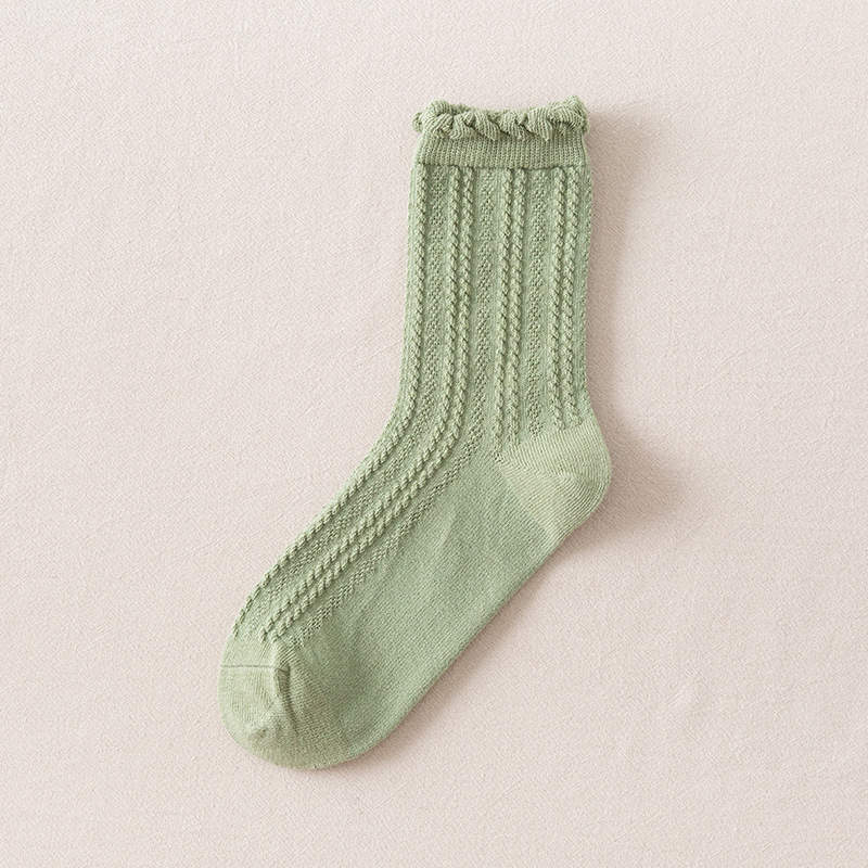 Frilly Ruffle Socks Japanese Style Kawaii Cute Cotton Woman Socks Harajuku Retro Casual Solid Color White Black Beige Crew Socks: Green