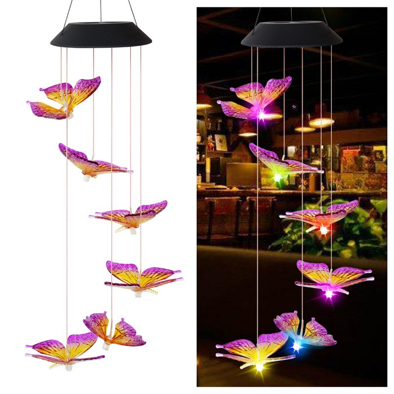 Carillón de viento Solar para exteriores, 6 LED, estilo mariposa, guirnalda de jardín impermeable, luces colgantes, lámpara Solar de decoración, Spinner de viento: B