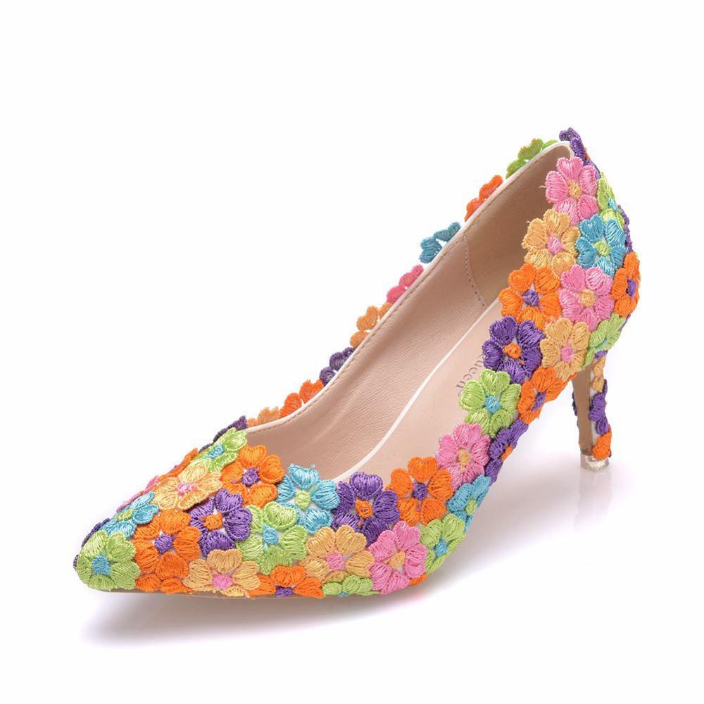 Crystal queen kvinnor skor mångfärgad spets bröllopsskor 7cm höga klackar stor storlek skor sweet pumps prinsess festklackar