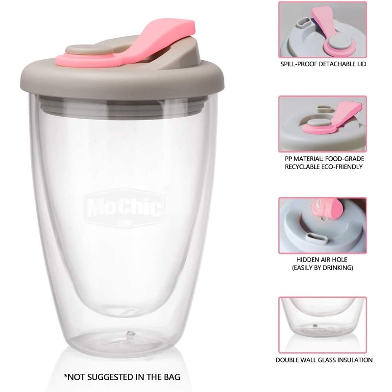 Dubbelwandige glazen bekers met deksel, herbruikbare geïsoleerde theemok, vaatwasmachinebestendig, milieuvriendelijk, koffiereismokken, vaatwasmachinebestendig