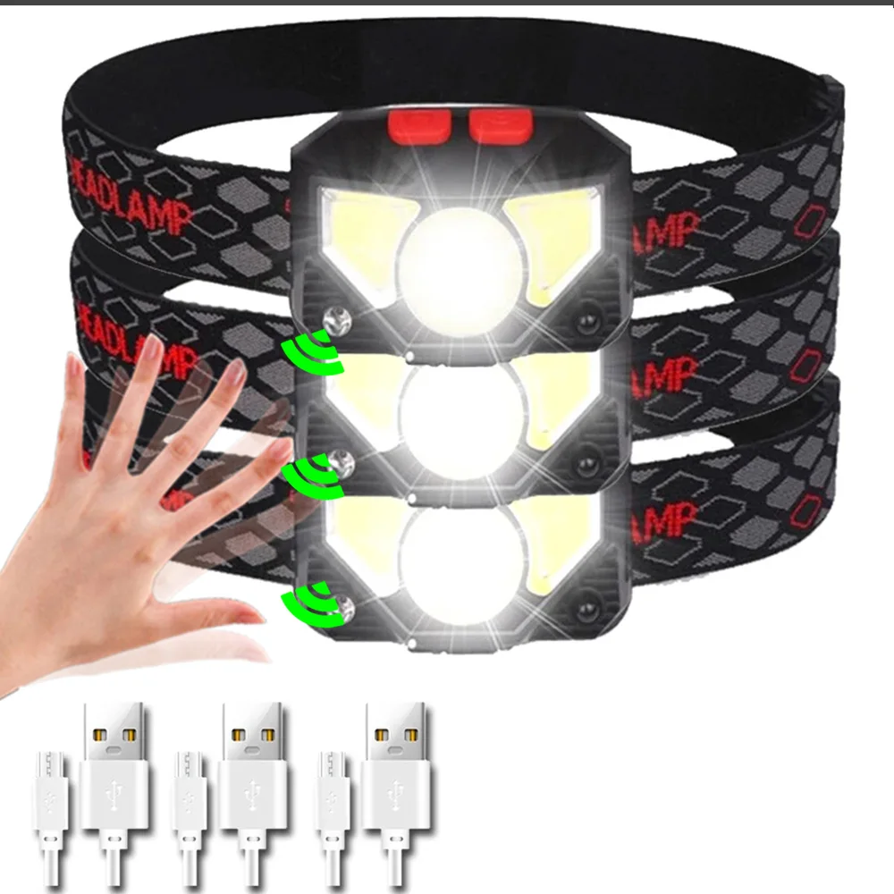 6 moduser bevegelsessensor xpe+kolbe ledet-hodelykt lommelykt usb oppladbar vanntett campinghodelykt løping fiskelykt: Grønn
