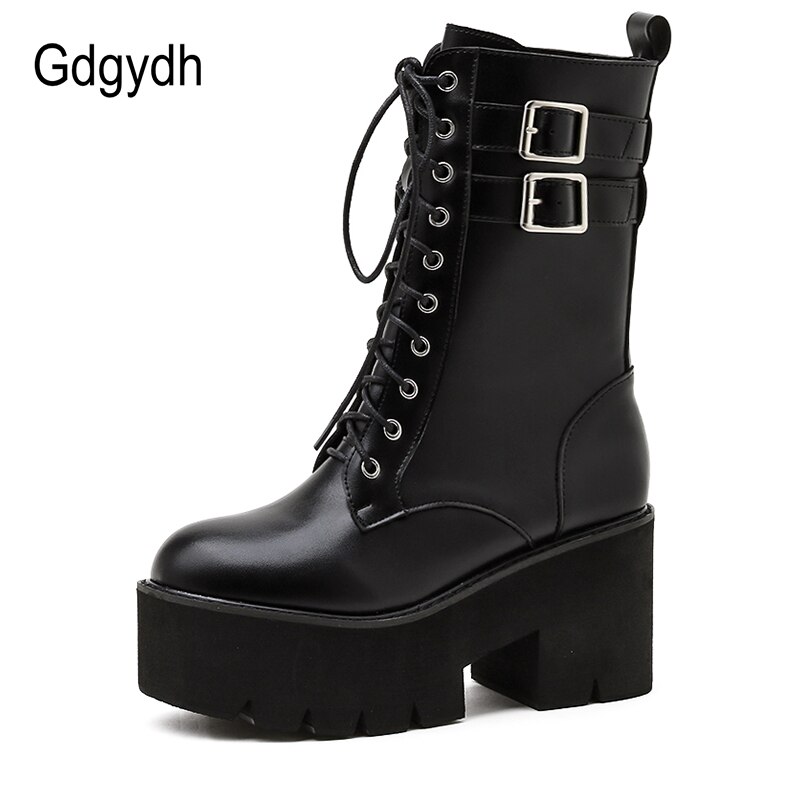 Gdgydh-Botines de motocicleta con plataforma para mujer, calzado Oxford de cuero negro con cordones, estilo gótico, para primavera,