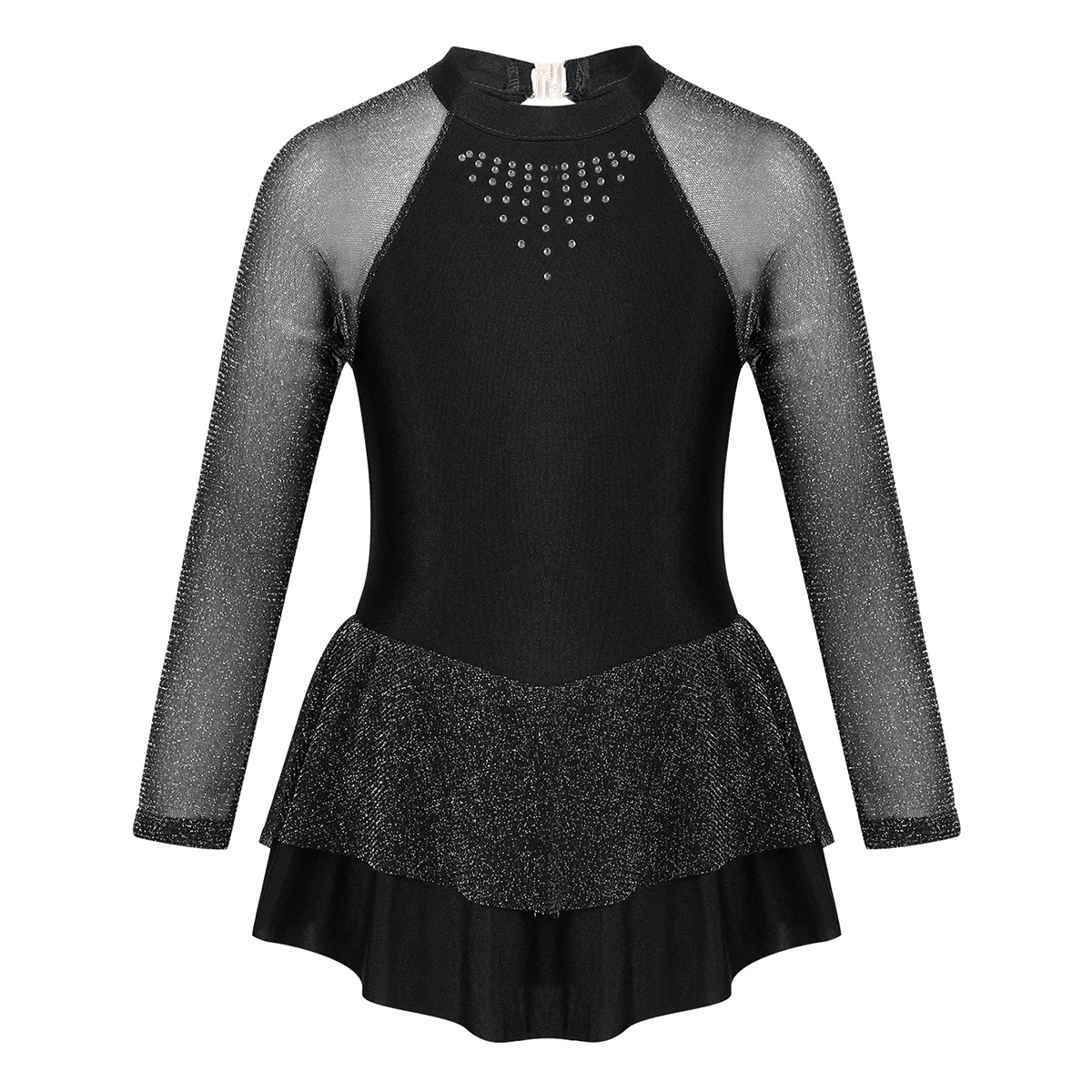 Kids Girls Gym Party Rhinestone Keyhole Back Figure Ice Skating Roller Skating Dancewear Ballet Dance Leotard Dress: Black / 12