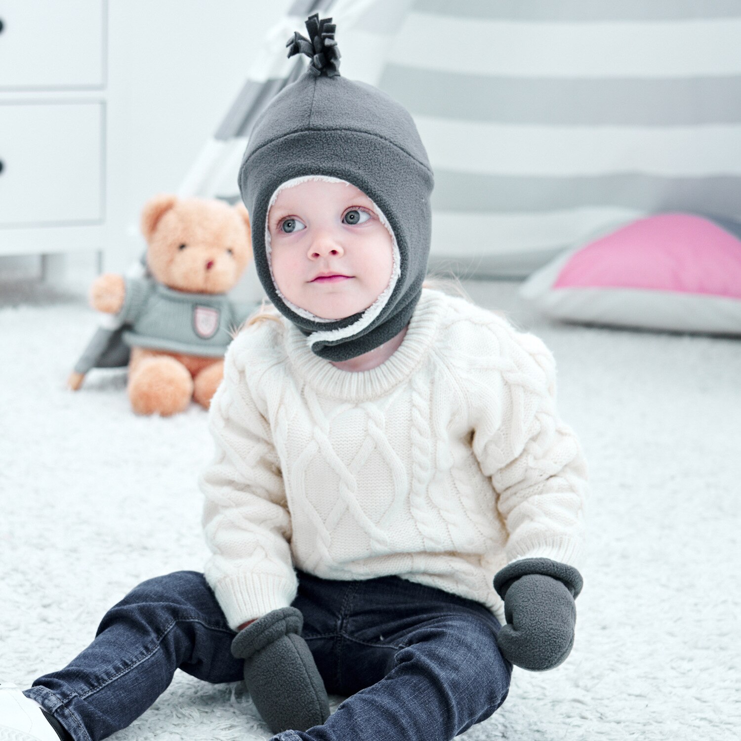 Kids Beanie Hoed Tweedelige Baby Hoed Handschoenen Skullcap Kinderen Hoed In De Winter Warm Kinderen Houden Beschermende oor Cap Hoed Handschoenen