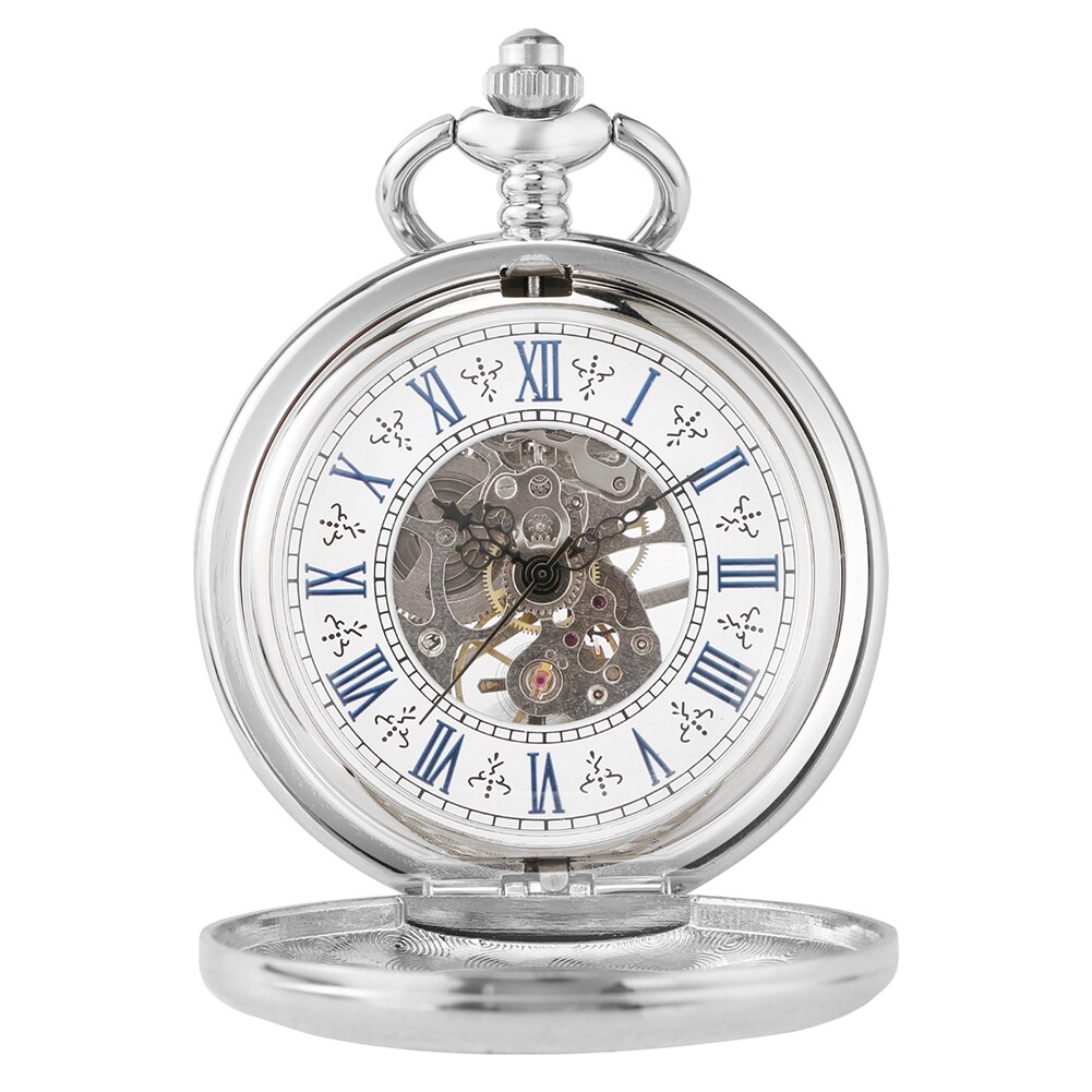 Blue Skeleton Prachtige Hanger Mannen Hand-Kronkelende Zilveren Mechanisch Zakhorloge Premium Alloy Sieraden Pols Chain Horloge