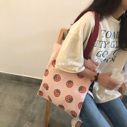 Einkaufstaschen Frauen Erdbeere Gedruckt Kawaii Nette eins Leinwand Tasche Große Kapazität Frauen eins Handtasche Schüler Tote Tasche Ulzzang Neue: 3