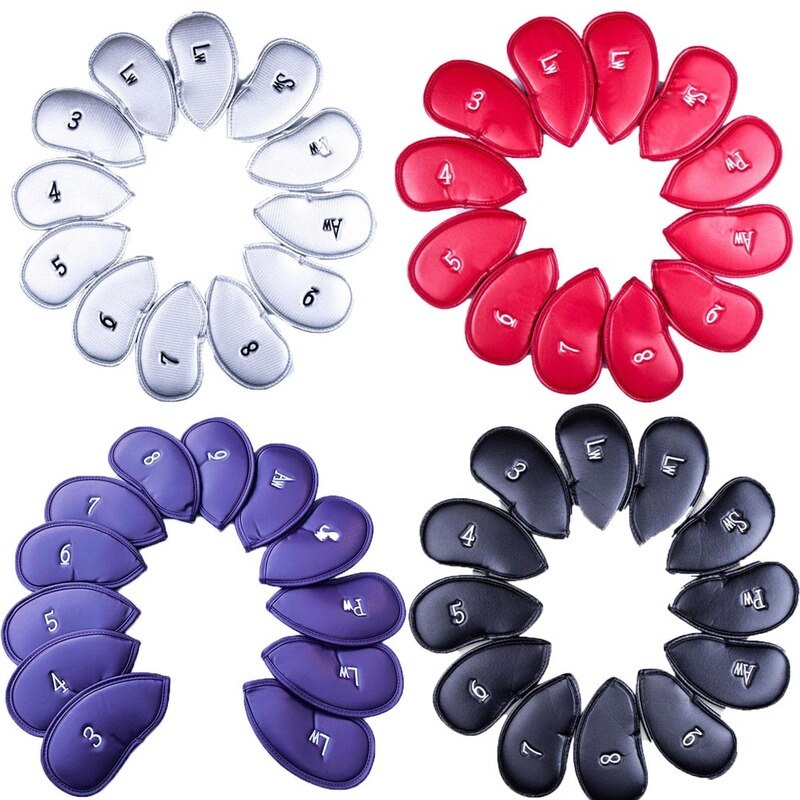 12 stuks / set golfclubs ijzeren paalkop hoedhoes pu leren golf beschermhoes golfaccessoires