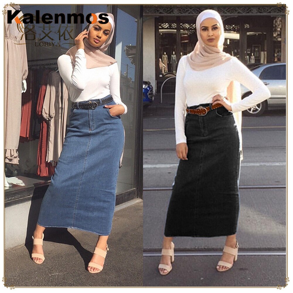 Jeans Felsen Frauen Bleistift Dubai Muslimischen Geschmack Hohe Taille Bodycon Denim Lange Röcke Nahen Osten Türkische Abaya Islamische Kleidung