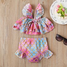 Zomer Kids Baby Meisje Mouwloze Cartoon Ruche Badmode Badpak Bikini Outfits Vis Schaal Print Peuter Badmode Badmode