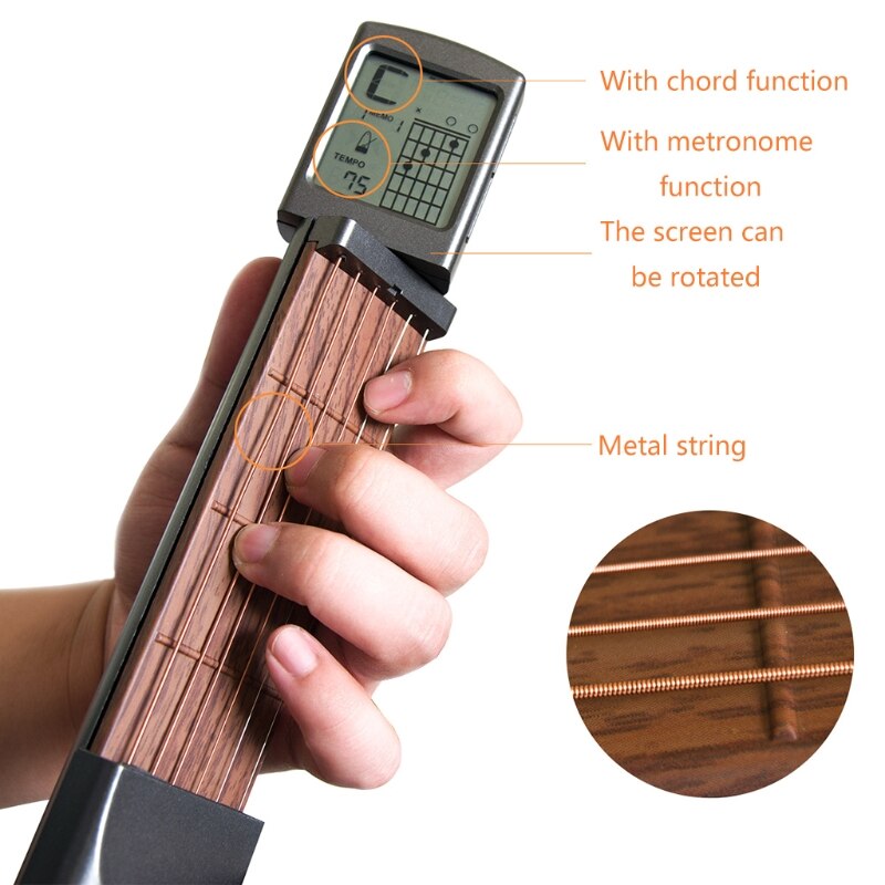 Pocket Guitar Chord Practice Tool, Portable Guitar Neck for Beginner w/a Rotatable Chords Chart Screen(Battery Included)
