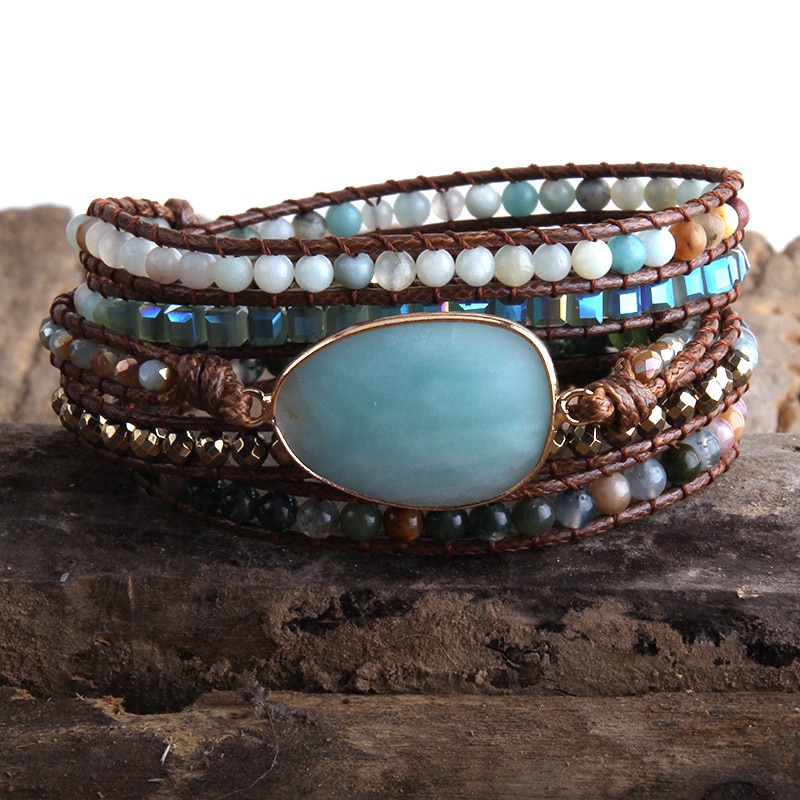 RH Boho Beaded Bracelet Handmade Mixed Natural Stones & Crystal Stone Charm 5 Strands Wrap Bracelets