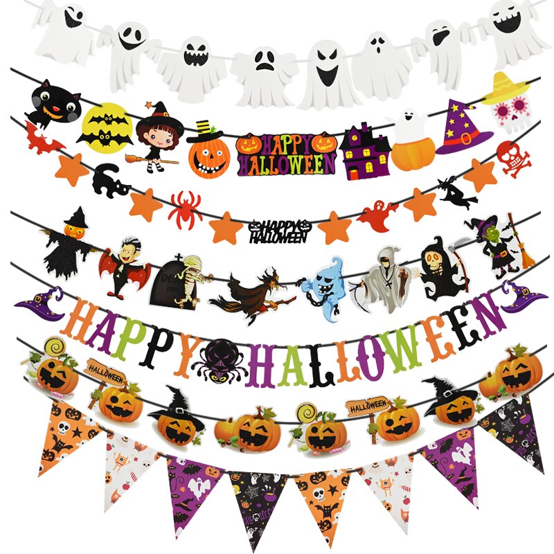 Halloween dekoration tegneserie kat stjerne flagermus heks græskar brev glad halloween banner bunting flag halloween fest hængende indretning